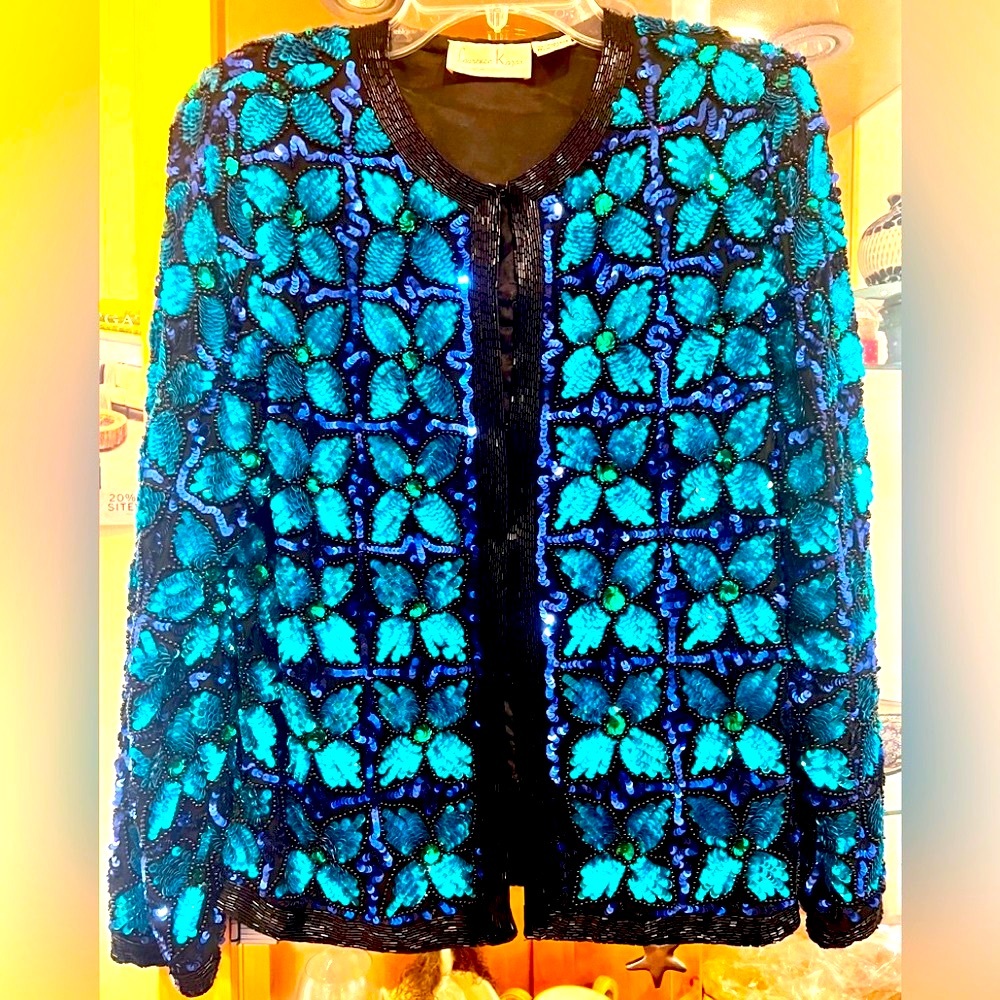Vintage Brilliant Silk Turquoise Floral Sequined Evening Jacket M Kazar